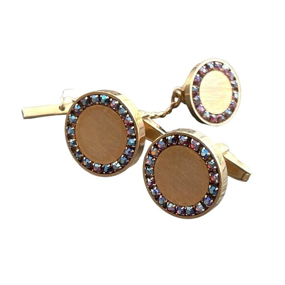 Vintage Gold Tone Cufflinks and Tie Tack Set with Iridescent Rhinestone Accents - Picture 1 of 6